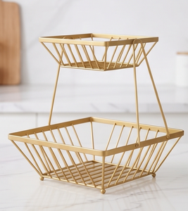 2-Tier Gold Metal Wire Fruit Storage <b>Basket</b> <b>Stackable</b> Countertop Vegetable Organizer Kitchen Tableware Stand - Product Image 3