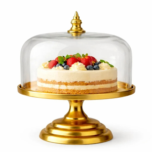 Classic Golden Brass <b>Cake</b> Platter With Glass <b>Dome</b> Cover Round Dessert Display <b>Stand</b> For Birthday Wedding Parties Supply - Product Image 2