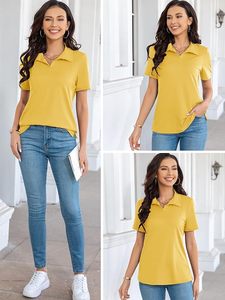 Polo de manga corta de color liso para mujer, top informal de punto transpirable, amarillo - Product Image 4