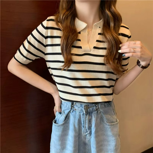 Nouveau cardigan d'été version coréenne, col en V, rayé, féminin, ajusté, manches courtes, pour femme de bureau, en maille nylon/coton - Product Image 1