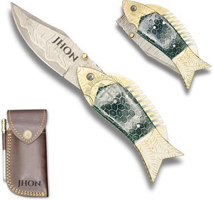 New Brand <b>Copper</b> Damascus Fish Hand Forged Thumb <b>Knob</b> Folding Knife W/Steel Engraved Green Honey Comb Handle EDC Hunting Knives - Product Image 1