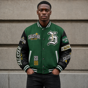 Veste universitaire personnalisée pour homme, veste bomber de baseball verte et noire, veste Letterman brodée, OEM, marque privée, streetwear - Product Image 3
