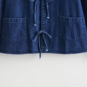 Chemise en jean délavé pour femme, style vintage, tissée, mode hiver, à revers, avec nœud décoratif, manches longues et poches, décontractée - Product Image 3