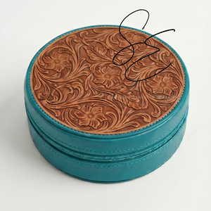 Elegant Round Tooled <b>Leather</b> <b>Jewelry</b> Case with Velvet Interior Floral Carved Turquoise Zipper Accessories Organizer Case Women - Product Image 1