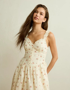 Women's Pure Cotton Floral Midi <b>Dress</b> <b>Elastic</b> Waist Breathable ODM Trendy Casual A-Line Knee-Length Size XS Club Occasion - Product Image 3