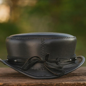 Black Leather Top Hat – Handmade <b>Steampunk</b> Gothic Festival Cosplay <b>Accessory</b> - Product Image 2