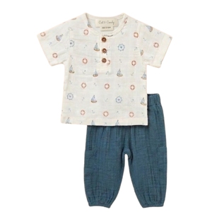 Organic Muslin Short Sleeve Henley T-Shirt Jogger <b>Set</b> <b>Cot</b> Candy Printed Little Sailor Romper for Baby 18-24 Months Summer - Product Image 1