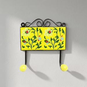 Crochets muraux en céramique jaunes à motifs floraux, 2 supports en céramique, imperméables, écologiques, installation autocollante pour la décoration de la maison, style rétro - Product Image 5