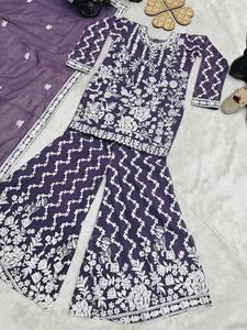 Traje Sharara Bordado para Niñas con Dupatta – Ropa Tradicional Festiva Infantil (Amarillo y Morado) - Product Image 3