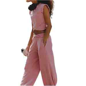 Conjunto Deportivo de Dos Piezas Rosa para Mujer, Diseño de Última Moda, Top Corto de Manga Corta, Pantalones Largos, Ropa Deportiva Transpirable de Punto, Conjunto de Primavera - Product Image 4