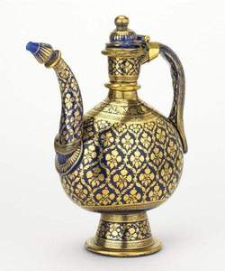 Handcrafted Brass Ewer Jug with Blue Enamel Floral Design Vintage Decorative Surahi Pitcher for Home Decor Collectibles - Product Image 1