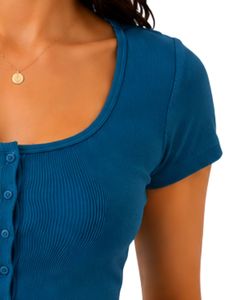 Top Corto de Punto Acanalado Azul Verde Azulado Personalizado para Mujer, Manga Corta, Cierre de Botones Delanteros, Corte Ajustado, Cuello Cuadrado, Blusa Informal de Verano de Algodón - Product Image 4
