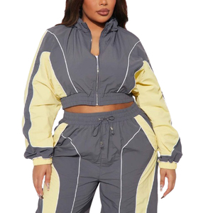 Women's Winter Color Blocking Hooded Windbreaker Tracksuit Set Full Sleeve Drawstring Closure Breathable Lightweight Casual - Product Image 2