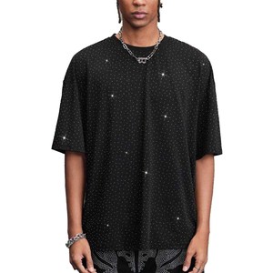T-shirt pour homme avec logo personnalisé en strass, 180 GSM, col rond, tissu tricoté, manches courtes, style hip-hop, uni, streetwear - Product Image 6