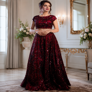 Luxury Maroon Embroidered <b>Sequin</b> Lehenga Choli Designer Indian Wedding Party Wear Ethnic Traditional Women Bridal Festive Outfit - Product Image 3