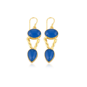 Boucles d'oreilles pendantes en laiton plaqué or avec pierre précieuse calcédoine bleue naturelle, bijoux faits à la main pour femmes - Product Image 1