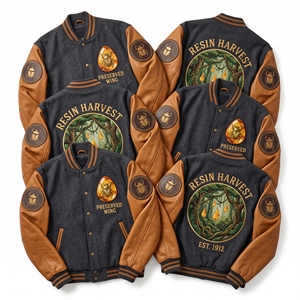 เสื้อแจ็คเก็ต Letterman แบบขายส่ง สีแดงเลือดหมู ผ้าขนสัตว์  แบบ Varsity  ปักลาย Canopy Chorus Summer Brood Cicada  แขนหนังสีครีม  แบบ Bomber - Product Image 6