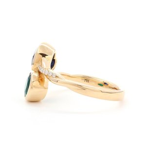 Bague Toi et Moi en Or Jaune 14K avec Saphir de Laboratoire et Émeraude Ronde de Laboratoire Zambienne, Bague de Fiançailles à Deux Pierres avec Bande Pavée Torsadée - Product Image 6