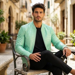 Blouson Bomber en Cuir Croco 100% Original pour Homme – Été, Imperméable, Respirant, Coupe-Vent, Style Vintage, Dos et Col - Product Image 5
