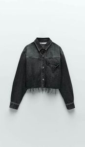 Women's Contrast Color Block <b>Denim</b> <b>Jacket</b> <b>Cropped</b> Button Front Pockets Long Sleeve Distressed Casual Autumn Style - Product Image 3