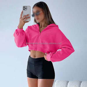 Sweat-shirt à capuche oversize en polaire zippé pour femme, style streetwear, coupe courte, décoration à sequins, logo frontal, long - Product Image 5