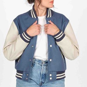 Women’s Custom Wool & Leather Varsity Bomber Jacket Premium Wool Body Leather Sleeves Ribbed Cuffs & Snap <b>Button</b> Fashion - Product Image 1