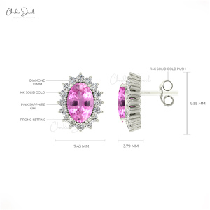 Pendientes de Oro Fino de 14K con Zafiro Rosa Genuino de 6x4MM en Forma Ovalada y Halo de Diamantes, Joyería de Boda Hecha a Mano para Damas de Honor - Product Image 2