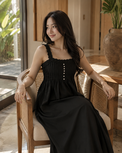 Robe longue noire unie à bretelles élastiques à volants, plissée devant, boutonnée, coupe fluide, taille empire, sexy, pour soirée, silhouette trapèze, col carré - Product Image 2