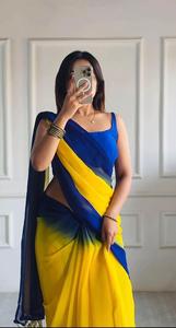 Sari de poliéster elegante con degradado azul y amarillo de AARA Fashion para mujer, ideal para Diwali, bodas, protección solar, largo hasta el suelo, corte regular, India. - Product Image 4