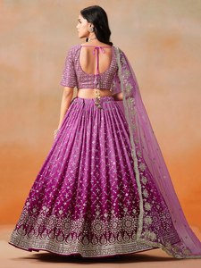 Purple Embroidered Candy Color Floor-Length A-Line Organza <b>Lehenga</b> with V-neck Crop Top and Dupatta for Bridesmaid - Product Image 3