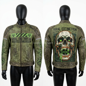 Blouson en cuir de course Flaming Helmet noir délavé à l'acide, motif squelette et flammes, pour homme, style motard, streetwear, fabrication sur mesure - Product Image 6