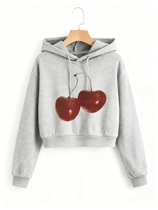 Sudadera con capucha de mujer color lavanda con estampado de cerezas con lentejuelas, estilo casual corto, logo frontal, estilo primavera, manga larga, tejida - Product Image 3