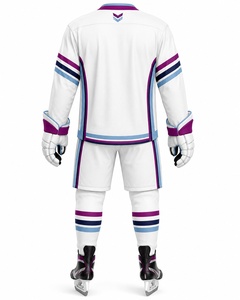 Ensemble d'uniformes de hockey sur glace sublimés personnalisés, rayures blanches, violettes et bleues, polyester respirant, vêtements de sport pour hommes adultes - Product Image 6