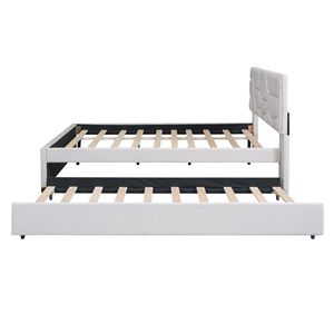 Letto matrimoniale imbottito in tessuto di lino beige con testiera a motivo mattoni e letto estraibile singolo - Product Image 5