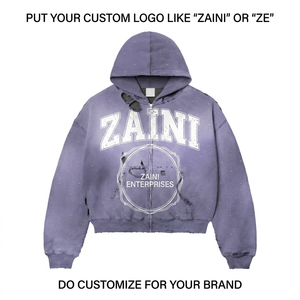 Sudadera con capucha y cremallera de felpa 100% algodón premium de 500 GSM, lavado ácido, corte holgado para hombre, con logotipo personalizado de pedrería y efecto desgastado, ODM - Product Image 1