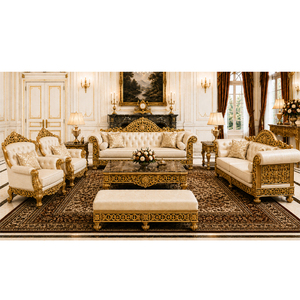 Premium Hand Carved Teak Wood Square European Style Luxury <b>Gold</b> 5-Seater <b>Sofa</b> Set for Living Room Home/Villa - Product Image 1