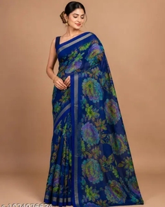 Sari Azul con Estampado Floral de Georgette para Mujer, Diseño KV, con Blusa Sin Coser - Product Image 5