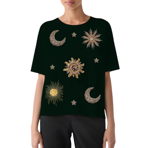 Camiseta Casual de Manga Corta con Cuello Redondo para Mujer, 100% Algodón Transpirable, con Bordado Aeronáutico y Parche de Cuentas, Lista para Usar - Product Image 1