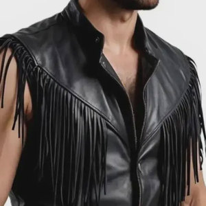 Veste en cuir PU noir pour homme, style motard, col montant, fermeture éclair, sans manches, coupe ajustée, respirante pour l'hiver - Product Image 1