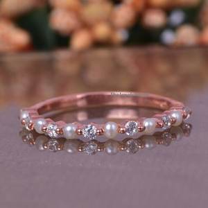 Anillo de Boda Vintage con Perlas y Moissanita, Plata de Ley 14K, Anillo de Perlas Naturales, Media Eternidad, Anillo Apilable para Mujer - Product Image 3