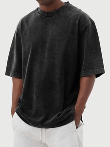 T-shirt pour homme, style streetwear classique surdimensionné, style personnalisé, coupe ample, 100% coton, délavage acide, bleu uni, mode estivale - Product Image 4