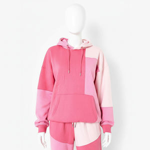 Womens Color Block Pink Patchwork Fleece Pullover Hoodie <b>Long</b> Sleeve Kangaroo Pocket <b>Sweatshirt</b> Custom Logo OEM ODM Wholesale - Product Image 4