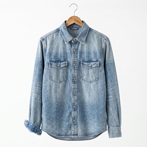 Men's Long Sleeve Denim Shirt Button Up Casual <b>Jacket</b> Washed Blue Pocket <b>Flannel</b> Workwear OEM Custom Logo - Product Image 1