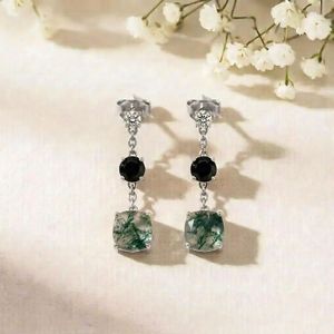 Moss Agate & <b>Black</b> Obsidian Drop Earrings Cushion Cut Green Gemstone Earrings With CZ Accent Elegant Fine Stud Earrings Gift - Product Image 6
