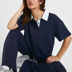 Polo en coton bleu marine pour femme avec imprimé flamme, manches courtes, décontracté, respirant, en tissu Oxford, avec motif lettre sur le devant - Product Image 6