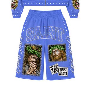 Conjunto de Sudadera con Capucha y Pantalones Cortos Azules para Hombre, Estampado Digital, Estilo Urbano, Conjunto de Dos Piezas con Diseño de Jesús, Ropa de Otoño - Product Image 4
