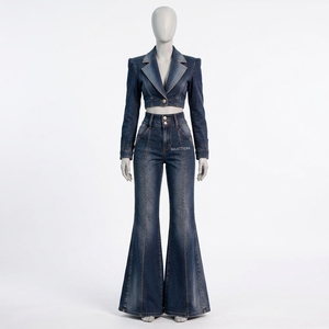 <b>Womens</b> <b>Dark</b> <b>Blue</b> Denim Two Piece Set Cropped Blazer Jacket High Waist Flared <b>Jeans</b> Custom Fashion Wholesale Clothing - Product Image 3