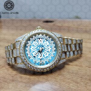 Montre de luxe pour homme Charm Jewells en acier inoxydable 40 mm, cadran bleu mandala, incrustée de diamants, analogique mécanique, étanche 10 bars - Product Image 1