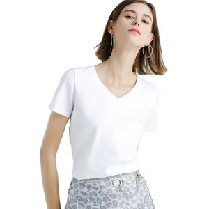 Camiseta de Verano para Mujer, Nueva, de Alta Gama, de Algodón Suave al Tacto, de Manga Corta, Cuello en V, Transpirable, de Secado Rápido, de Color Sólido, para Actividades al Aire Libre - Product Image 1