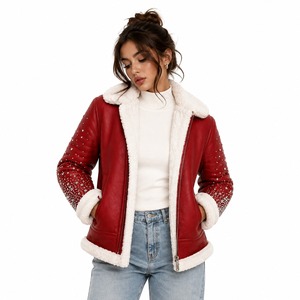 Custom Red Shearling Bomber <b>Jacket</b> with <b>Rhinestone</b> Embellished Sleeves and White Fur Trim Vintage Winter Unisex Front Design - Product Image 3